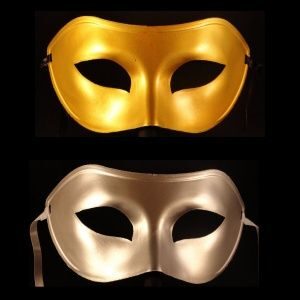 Two masks are shown side by side, one of them gold and the other in silver.