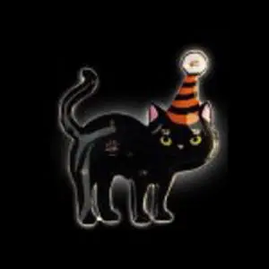 A black cat wearing a party hat.