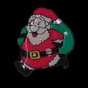 A santa clause pin with a bag of christmas presents.