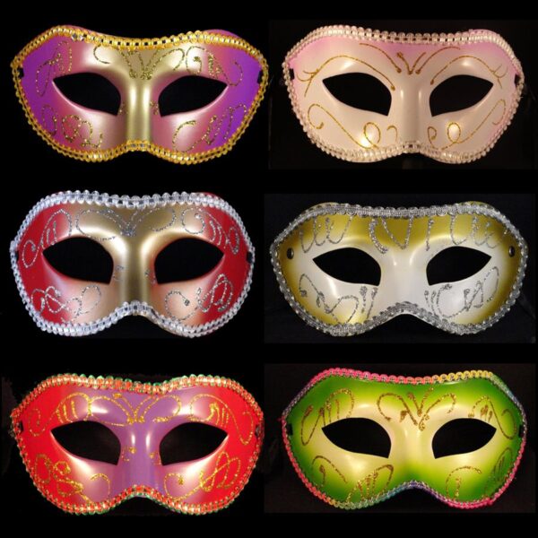 Six different masks of various colors and designs.