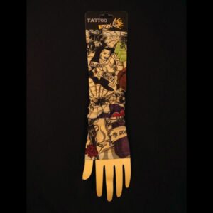 A black background with a yellow glove and some pictures on it