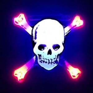 A skull and crossbones with purple lights on it.